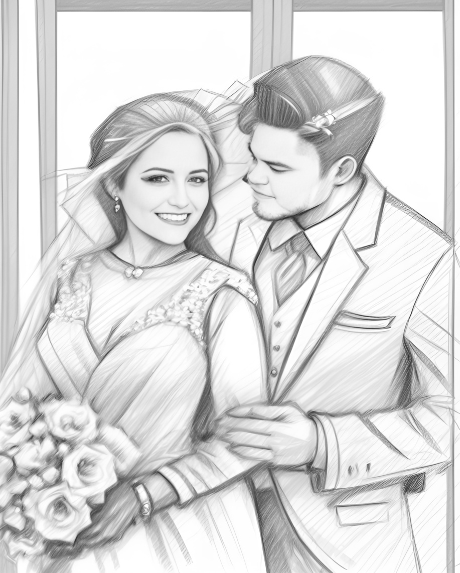 pencil sketch drawing of a couple in wedding dress, created from a reference photo by generative AI similar as MidJourney and ChatGPT