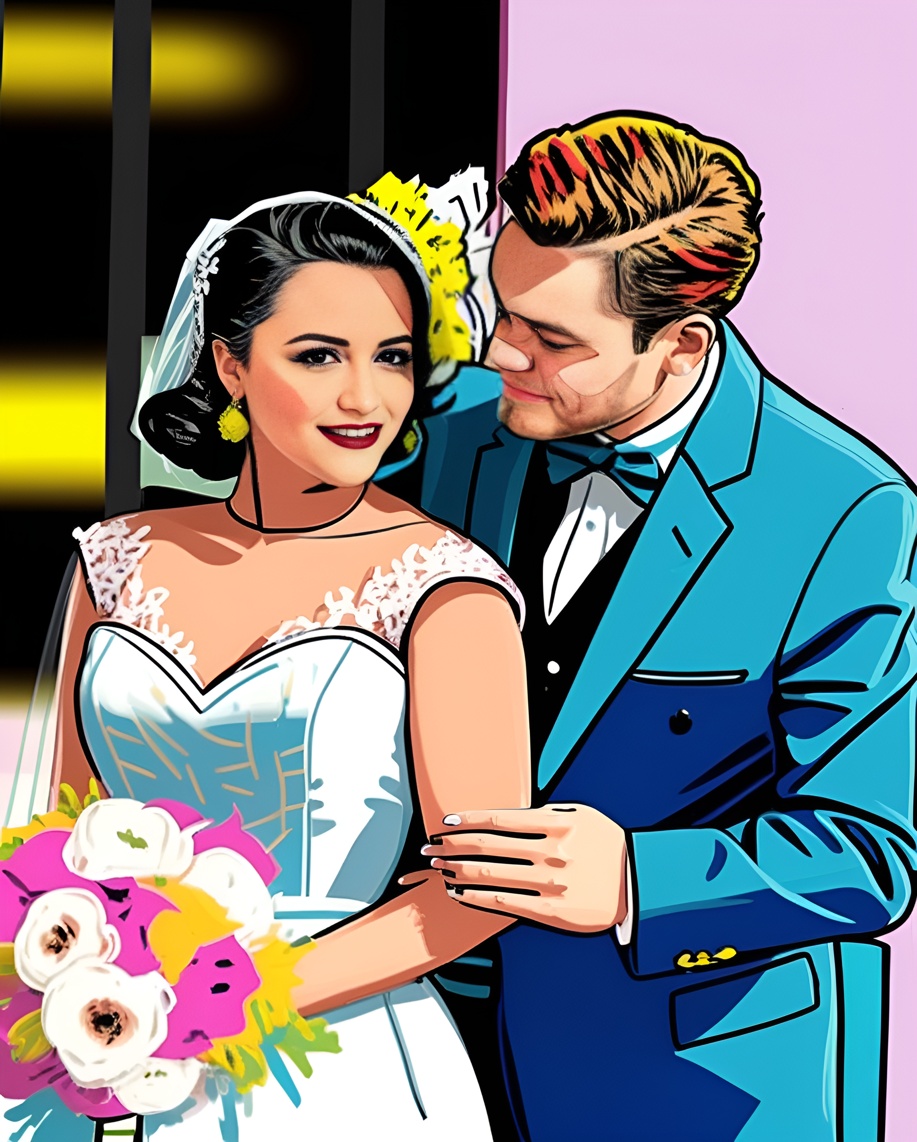 pop art picture of a couple in wedding dress, created from a reference photo by generative AI similar as MidJourney and ChatGPT