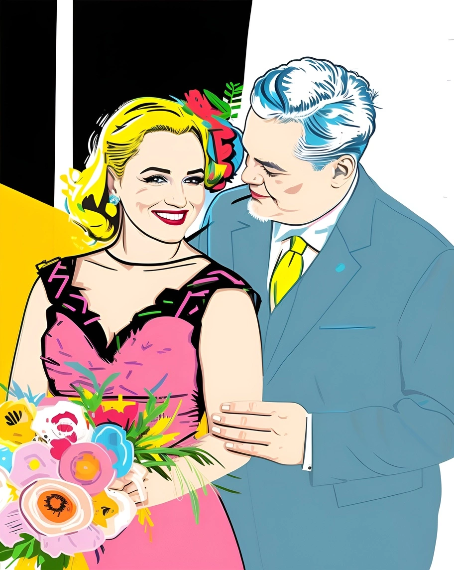 pop art picture of a couple in wedding dress, created from a reference photo by generative AI similar as MidJourney and ChatGPT