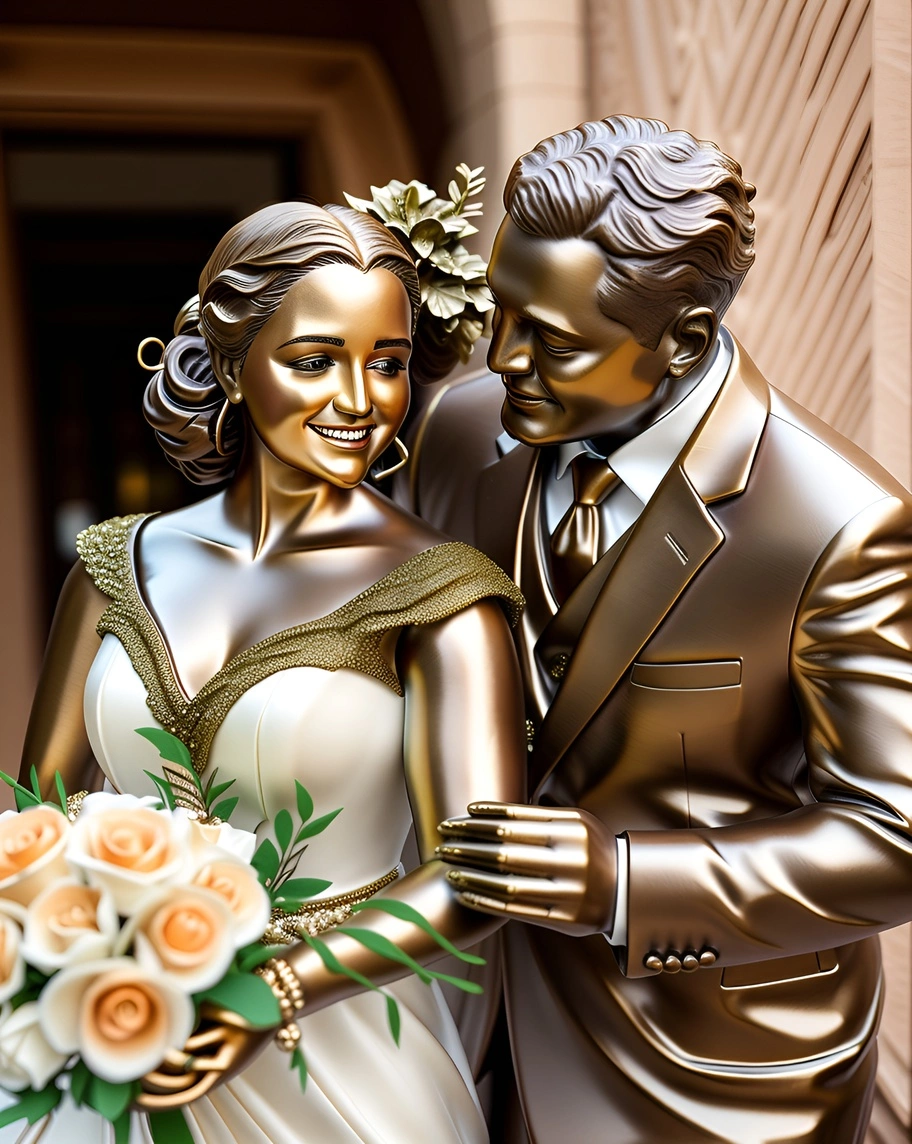 sculpture of a couple in wedding dress, created from a reference photo by generative AI similar as MidJourney and ChatGPT