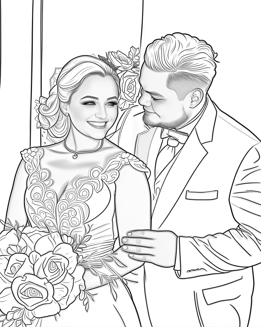 line sketch drawing of a couple in wedding dress, created from a reference photo by generative AI similar as MidJourney and ChatGPT