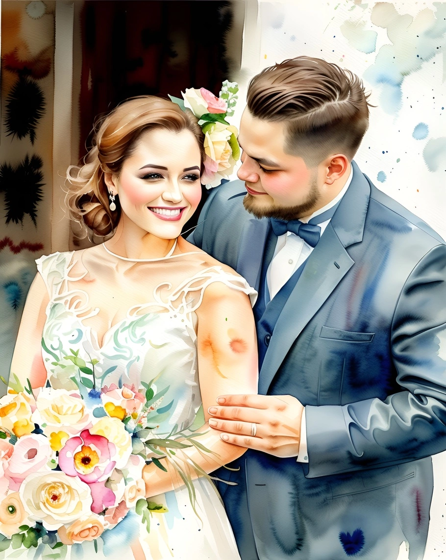 peinture aquarelle d'un couple en robe de mariée, tenant des fleurs, créée à partir d'une photo de référence par Generative Ai similaire à MidJourney et Chatgpt