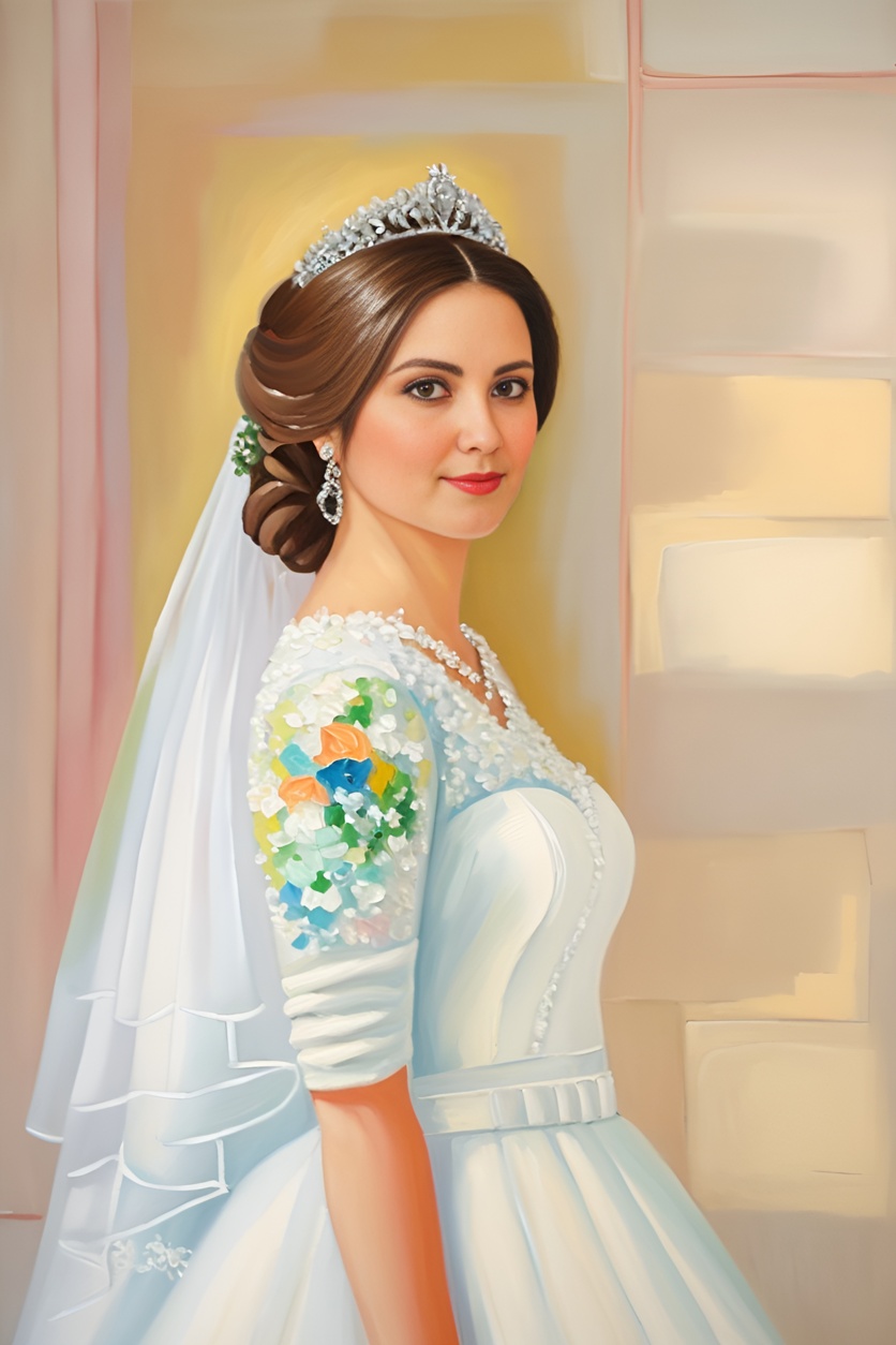 oil painting of a bride in wedding dress, created from a reference photo by generative AI similar as MidJourney and ChatGPT