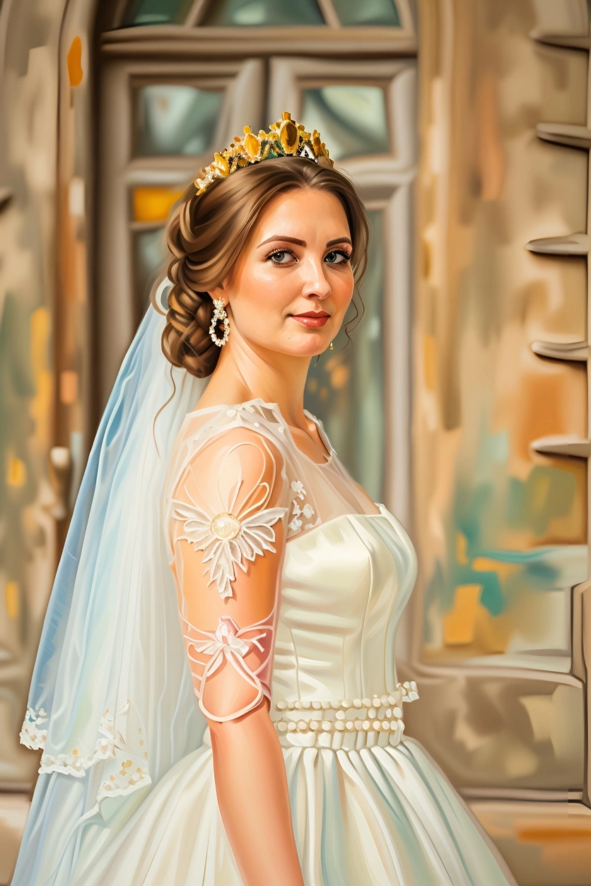 oil painting of a bride in wedding dress, created from a reference photo by generative AI similar as MidJourney and ChatGPT