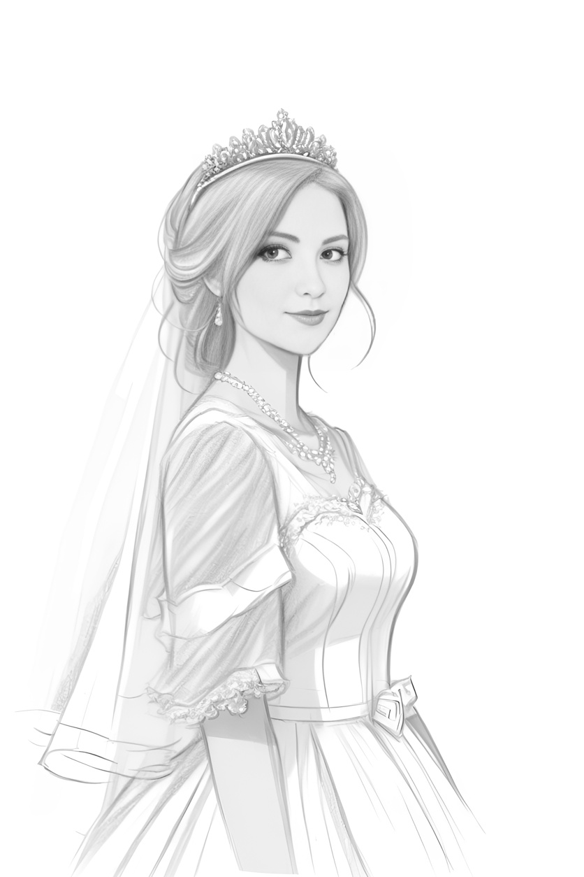 pencil sketch drawing of a bride in wedding dress, created from a reference photo by generative AI similar as MidJourney and ChatGPT