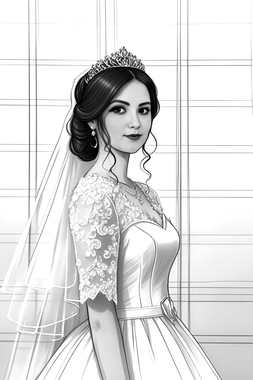 line sketch drawing of a bride in wedding dress, created from a reference photo by generative AI similar as MidJourney and ChatGPT