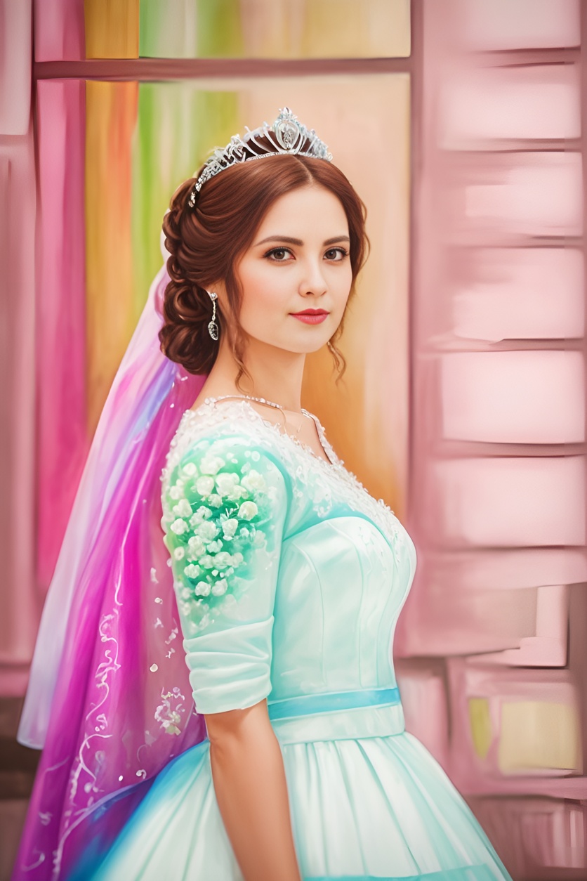 vibrant painting of a bride in wedding dress, created from a reference photo by generative AI similar as MidJourney and ChatGPT