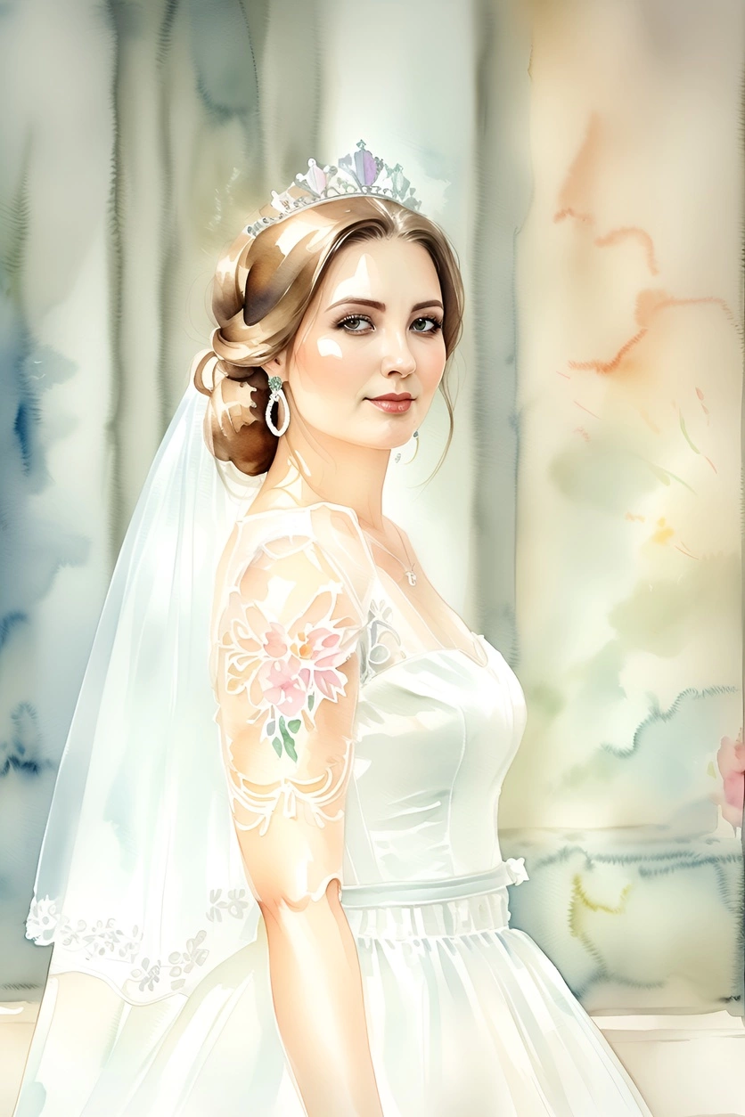 watercolor painting of a bride in wedding dress, created from a reference photo by generative AI similar as MidJourney and ChatGPT