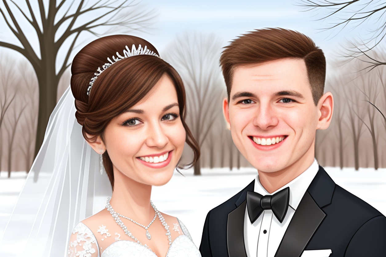 Caricature of a couple in wedding dress, created from a reference photo by generative AI similar as MidJourney and ChatGPT