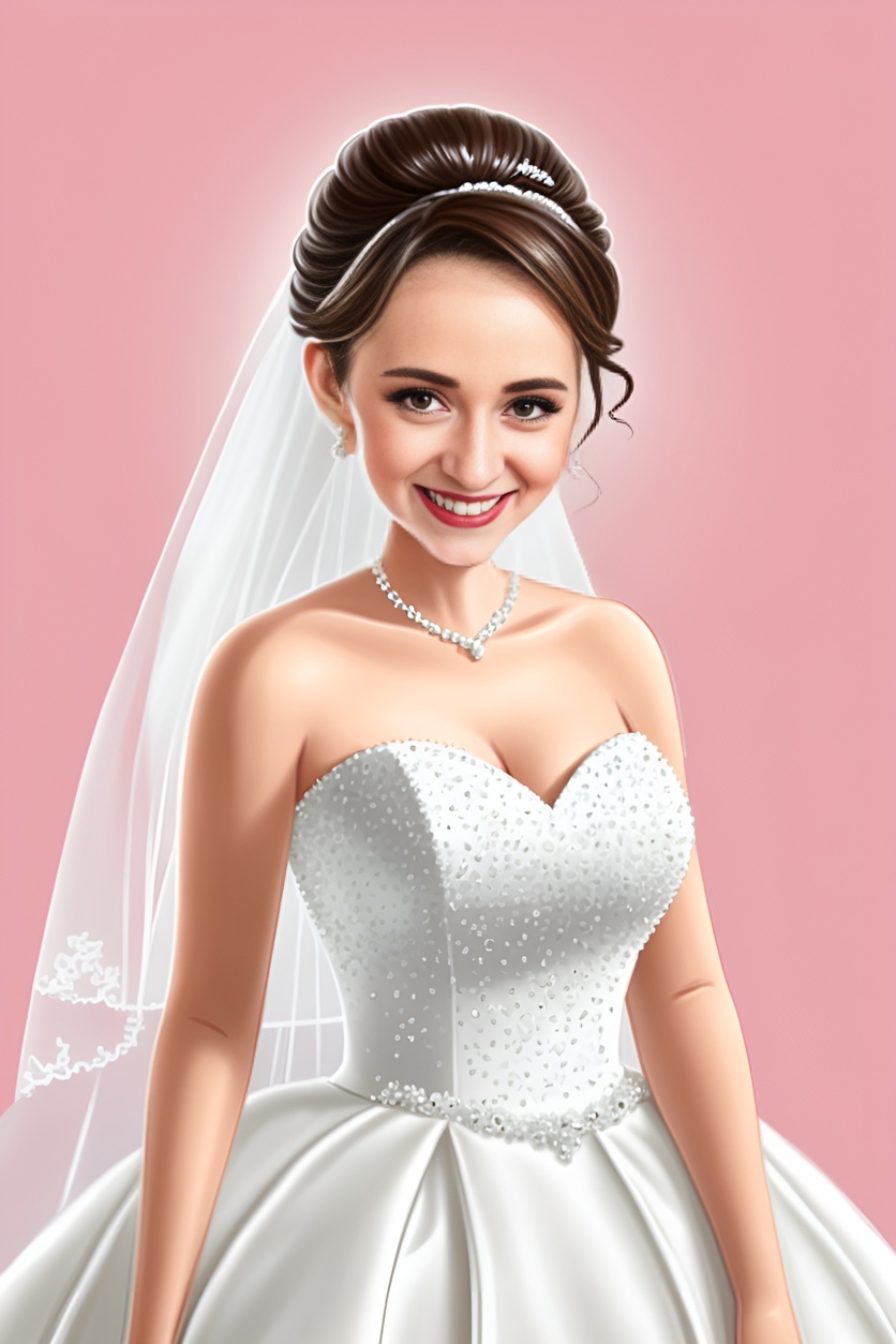 caricature drawing of a bride in wedding dress, created from a reference photo by generative AI similar as MidJourney and ChatGPT