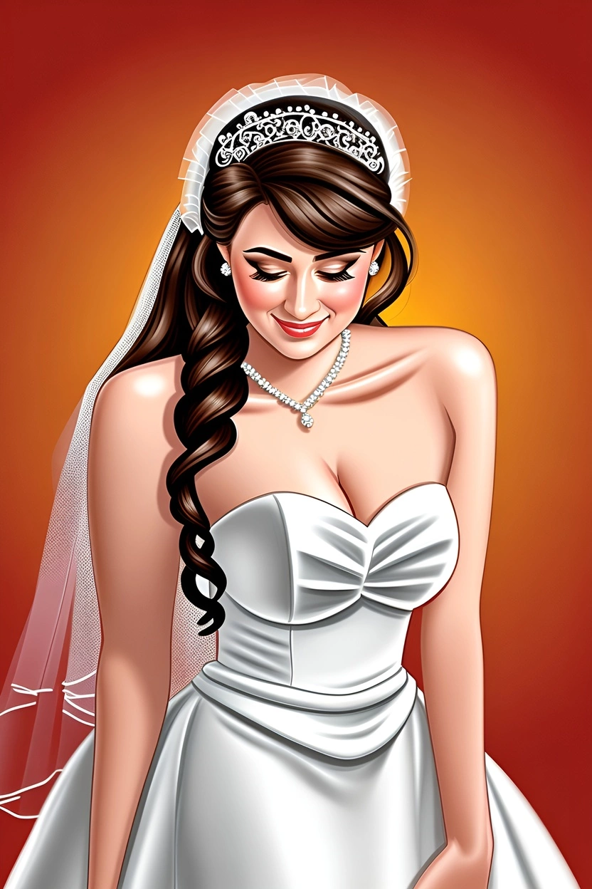 Caricature of a bride in wedding dress, created from a reference photo by our AI art generator