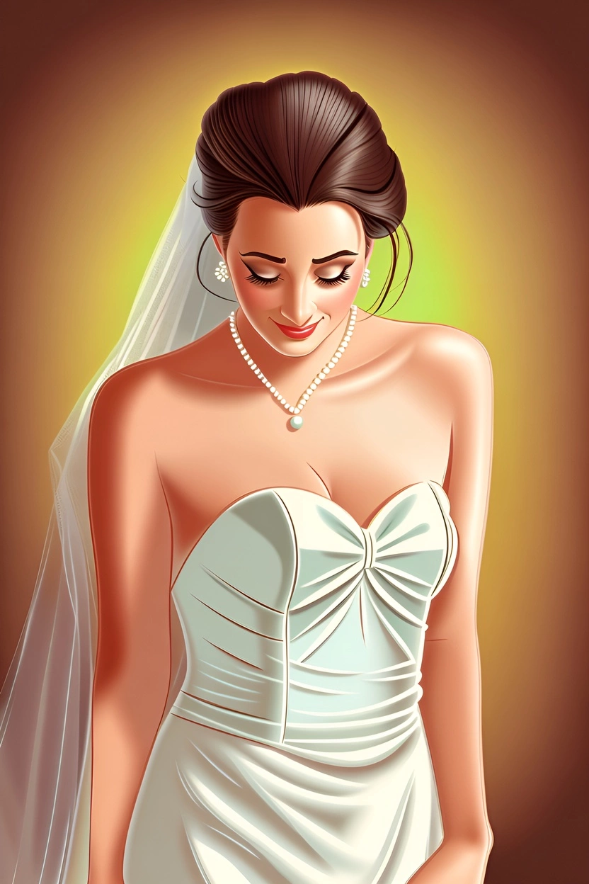 Disegno dei cartoni animati di una sposa in abito da sposa, creata da una foto di riferimento da AI generativa simile a Midjourney e Chatgpt