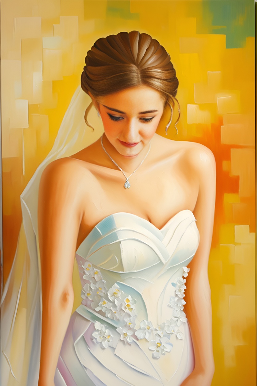 oil painting of a bride in wedding dress, created from a reference photo by generative AI similar as MidJourney and ChatGPT