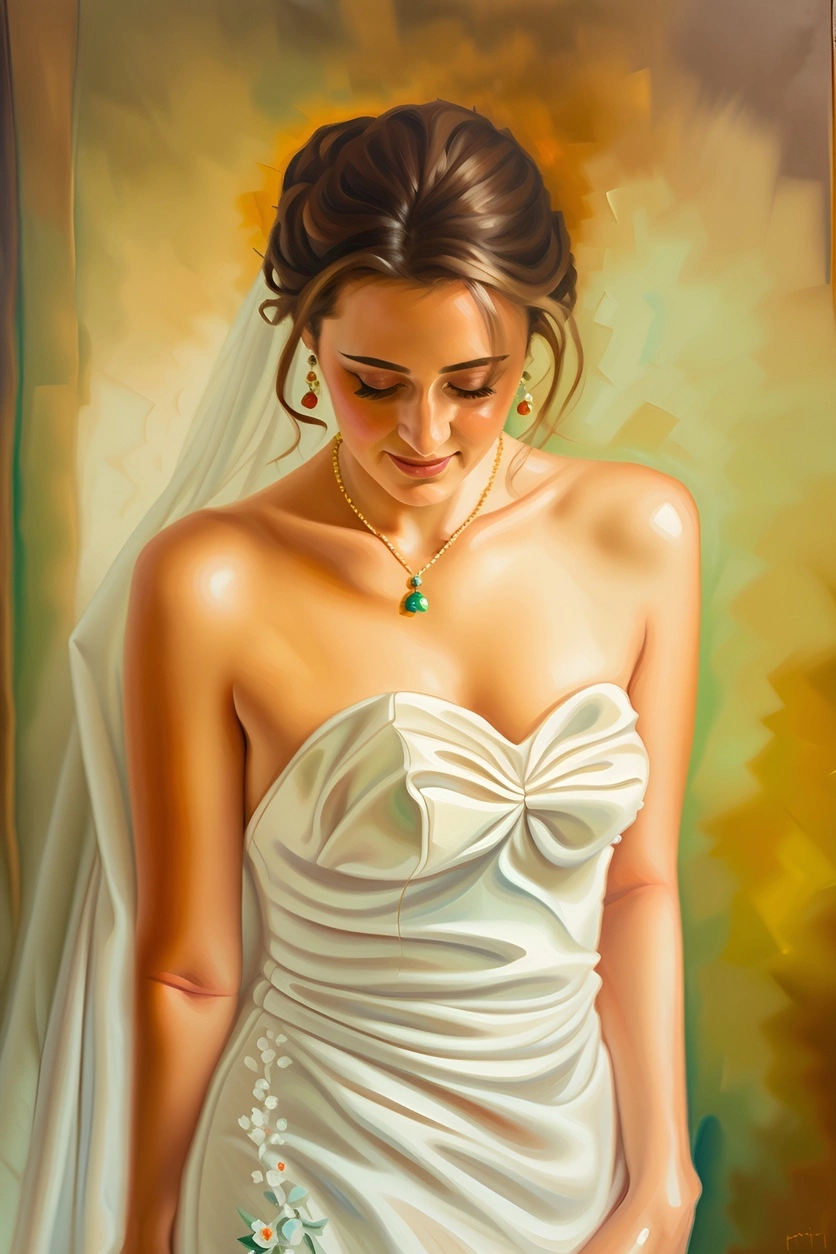 oil painting of a bride in wedding dress, created from a reference photo by generative AI similar as MidJourney and ChatGPT