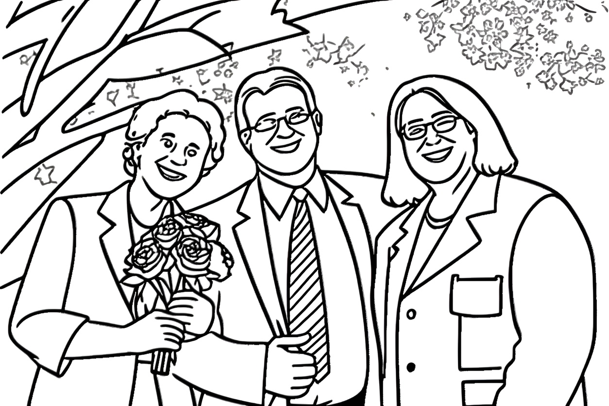 coloring page of group people in wedding, created from a reference photo by generative AI similar as MidJourney and ChatGPT