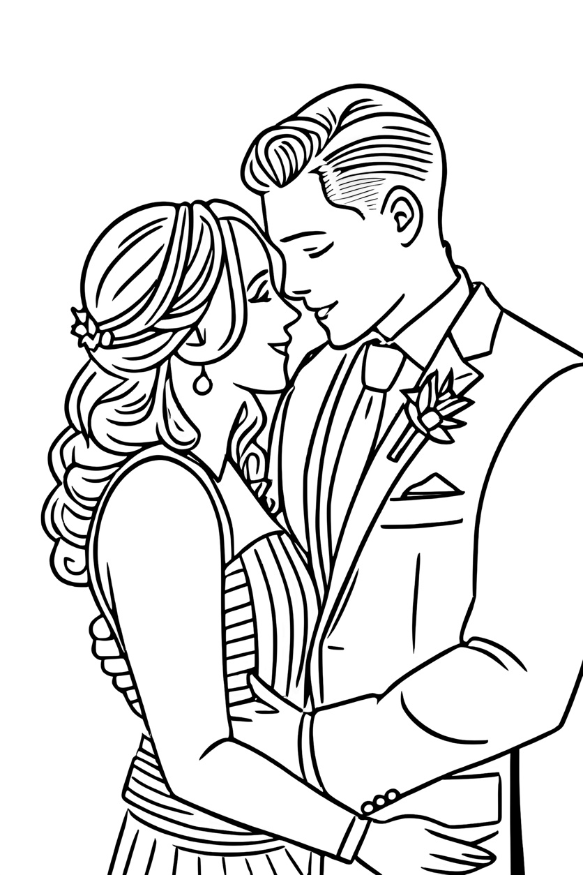 A coloring page made from a wedding photo