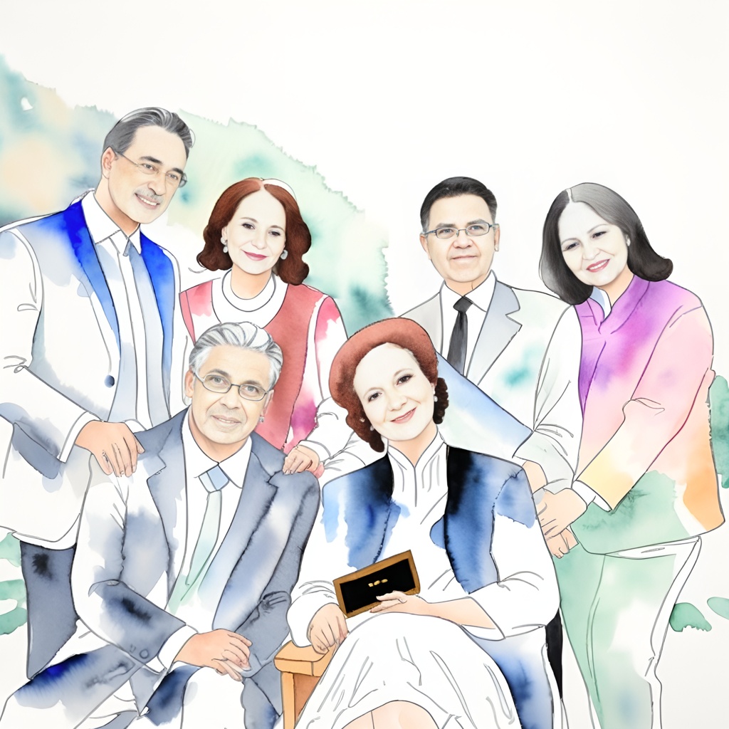 a Chinese painting of a group of people (family) from a reference photo, created by generative AI similar as MidJourney and ChatGPT