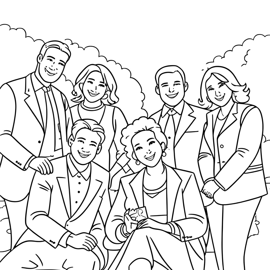 coloring page of grouple people in wedding, created from a reference photo by generative AI similar as MidJourney and ChatGPT