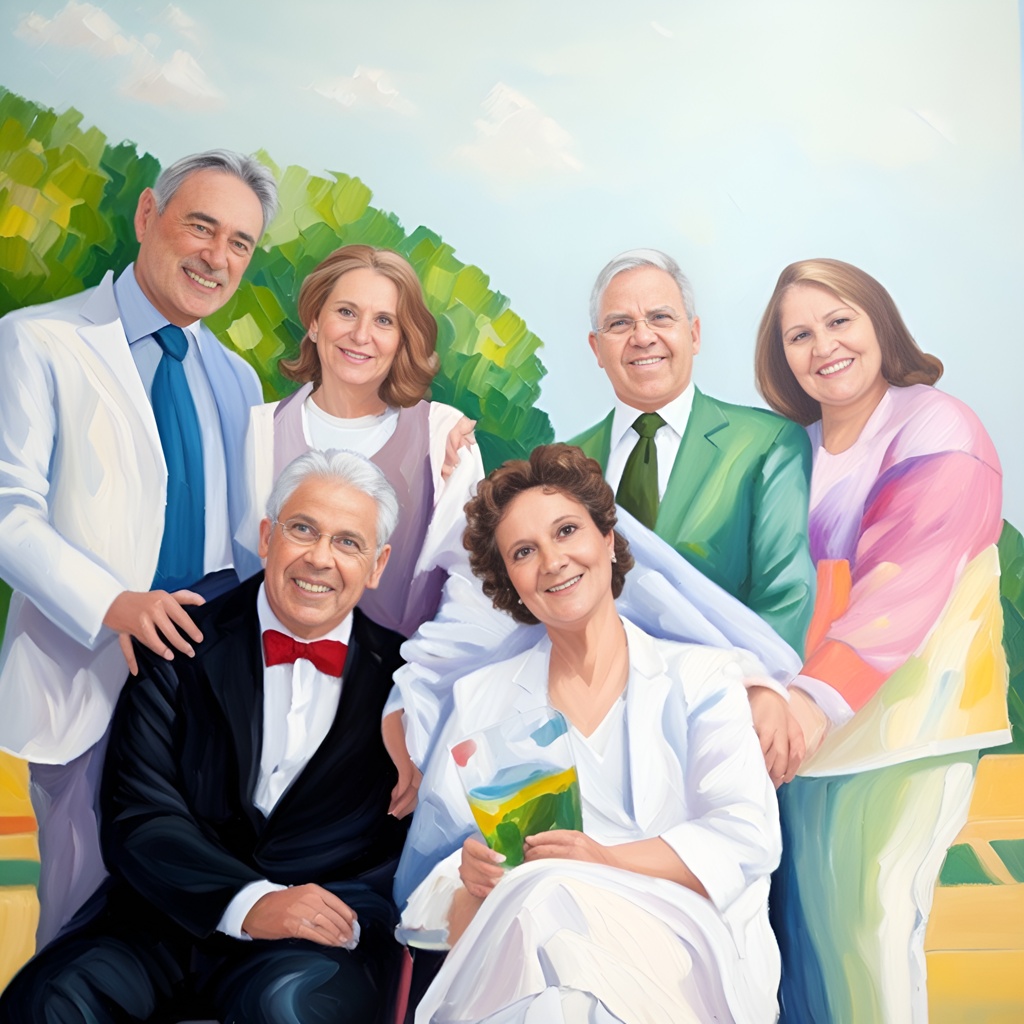 oil painting of group people in wedding, created from a reference photo by generative AI similar as MidJourney and ChatGPT