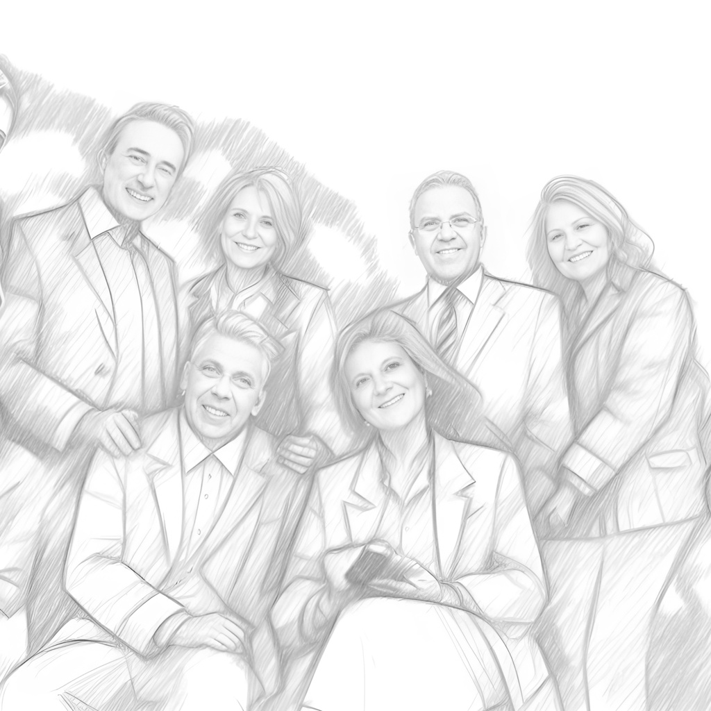 pencil sketch drawing of group people in wedding, created from a reference photo by generative AI similar as MidJourney and ChatGPT