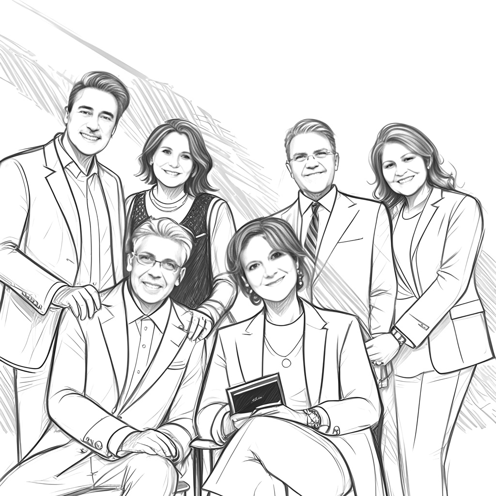 line sketch drawing of group people in wedding, created from a reference photo by generative AI similar as MidJourney and ChatGPT