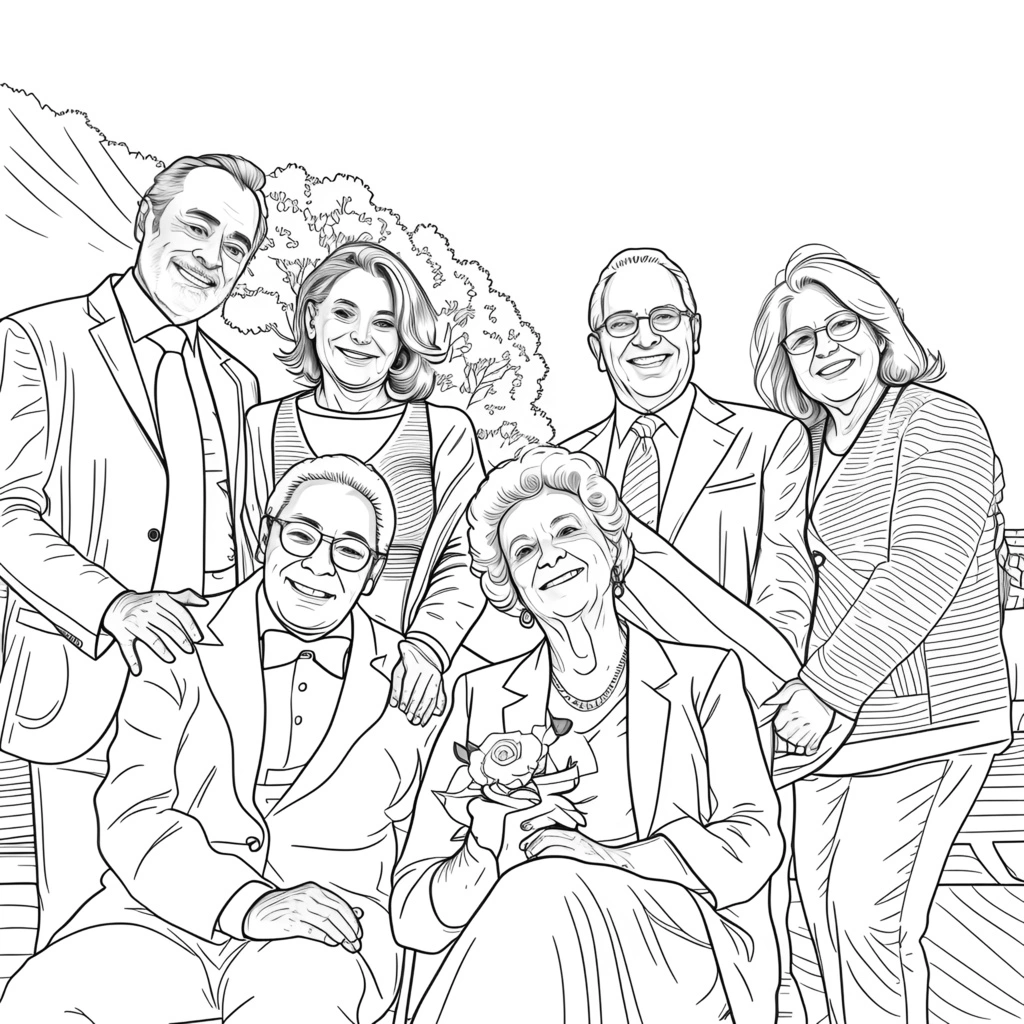 Dessin de croquis de ligne d'une famille à partir d'une photo de référence, par Générative Ai similaire à MidJourney et Chatgpt