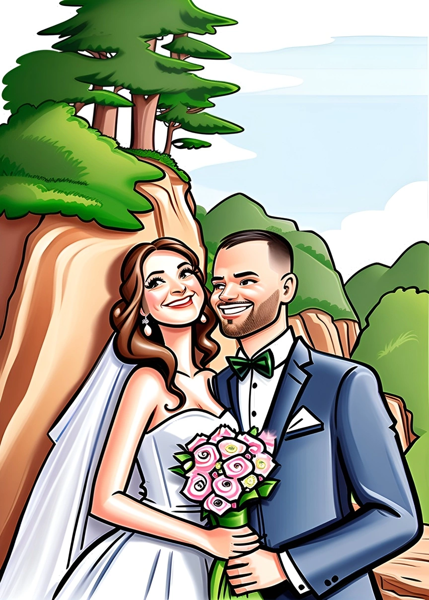 Comic drawing of a couple in wedding dress, created from a reference photo by generative AI