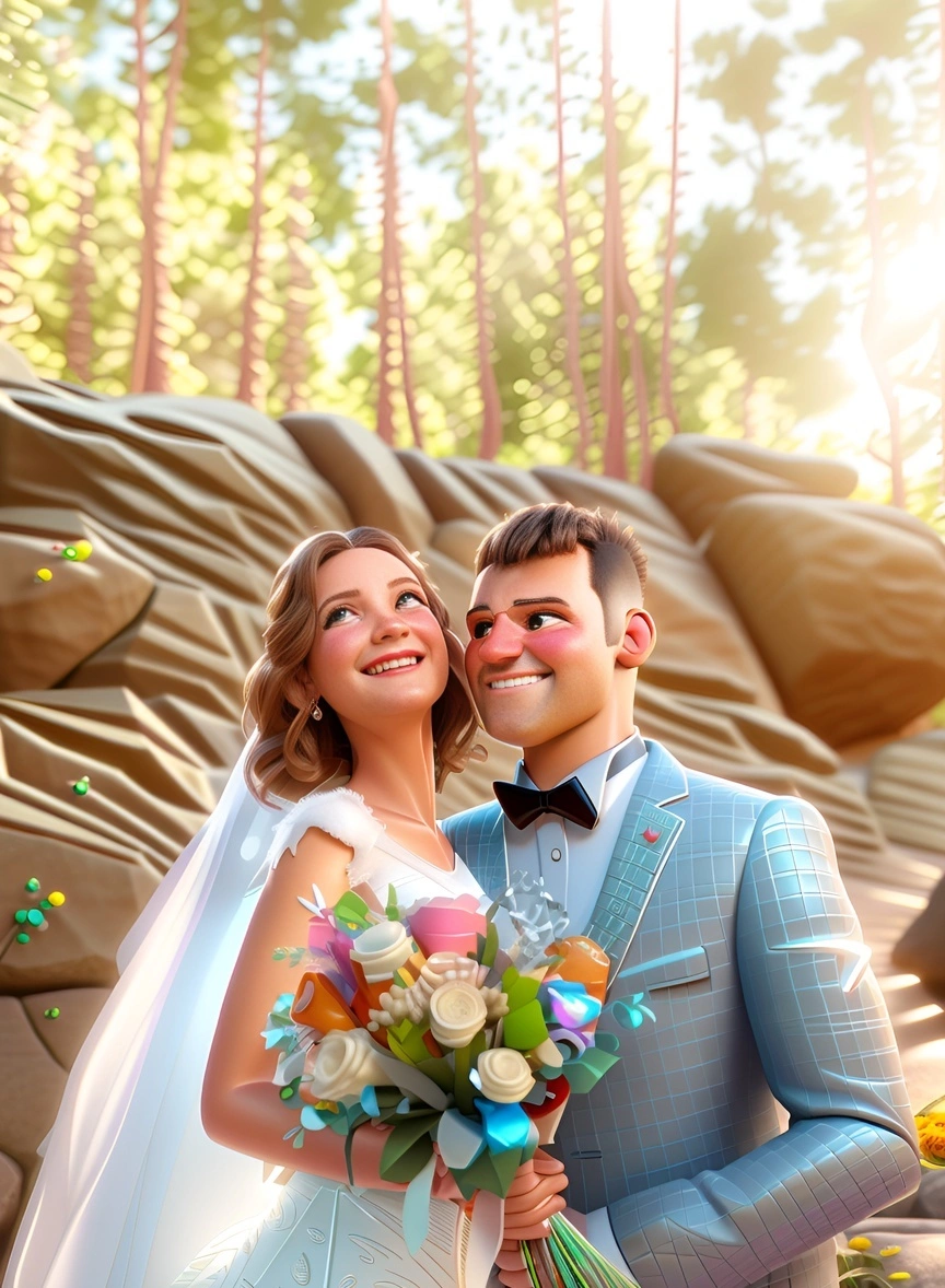 Pixar style Cartoon 3D of a couple in wedding dress, created from a reference photo by generative AI