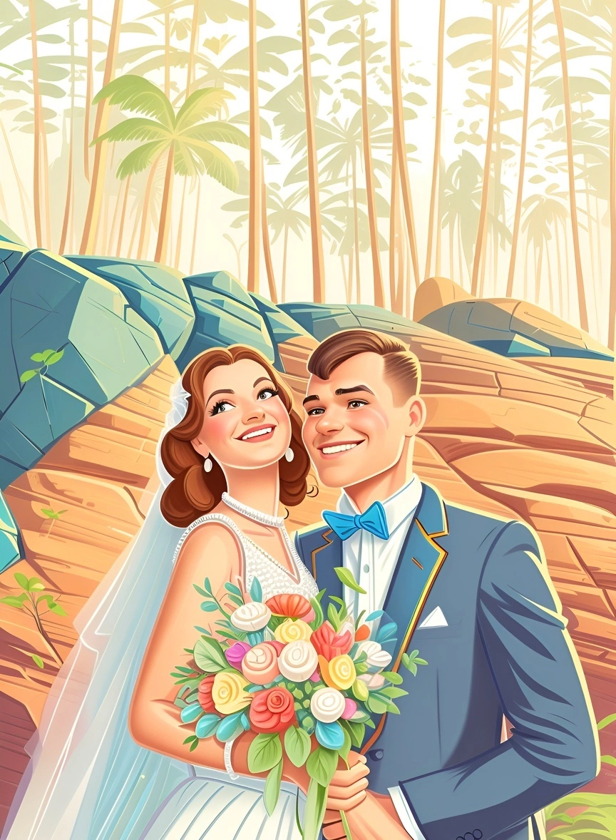 Cartoon drawing of a couple in wedding dress, created from a reference photo by generative AI