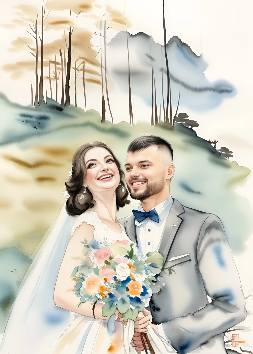 Chinese ink painting of a couple in wedding dress, created from a reference photo by generative AI