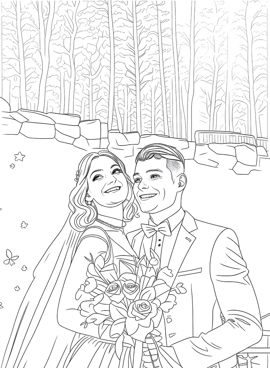 Coloring page of a couple in wedding dress, created from a reference photo by generative AI