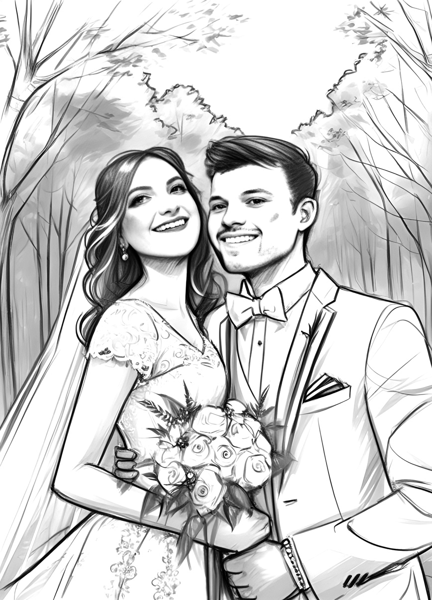 line sketch drawing of a couple in wedding dress, created from a reference photo by generative AI similar as MidJourney and ChatGPT