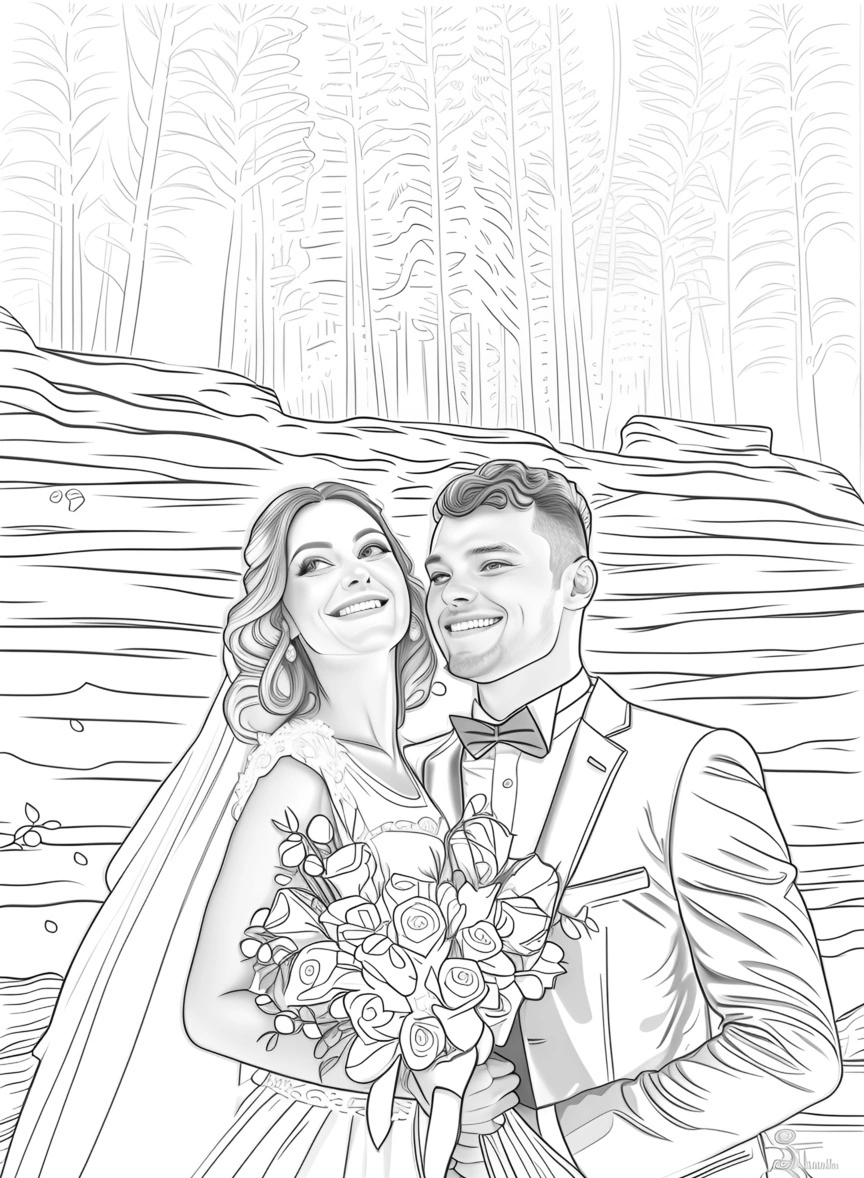 Linienskizzezeichnung eines Paares im Hochzeitskleid, das aus einem Referenzfoto von Generative AI ähnlich wie Midjourney und Chatgpt erstellt wurde