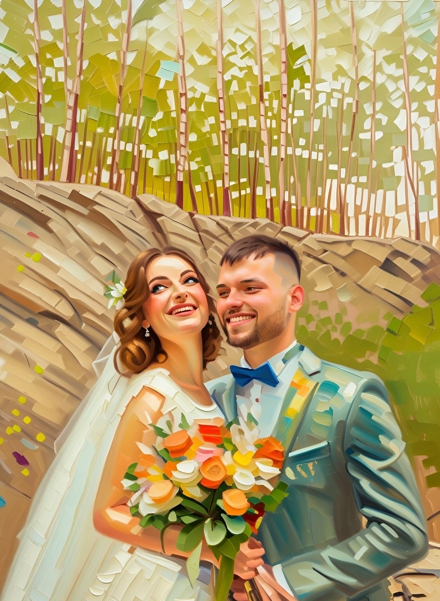 Oil painting of a couple in wedding dress, created from a reference photo by generative AI