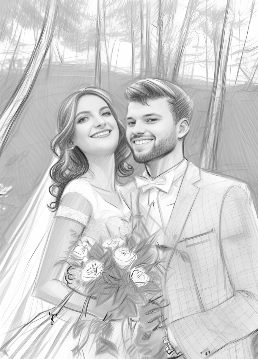pencil sketch drawing of a couple in wedding dress holding followers, created from a reference photo by generative AI similar as MidJourney and ChatGPT