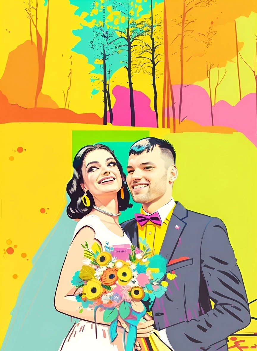 Pop Art Picture di una coppia in abito da sposa, creata da una foto di riferimento da AI generativa simile a Midjourney e Chatgpt