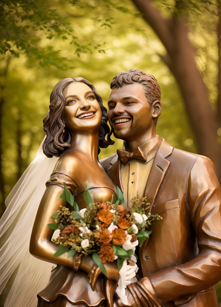 sculpture of a couple in wedding dress, created from a reference photo by generative AI similar as MidJourney and ChatGPT