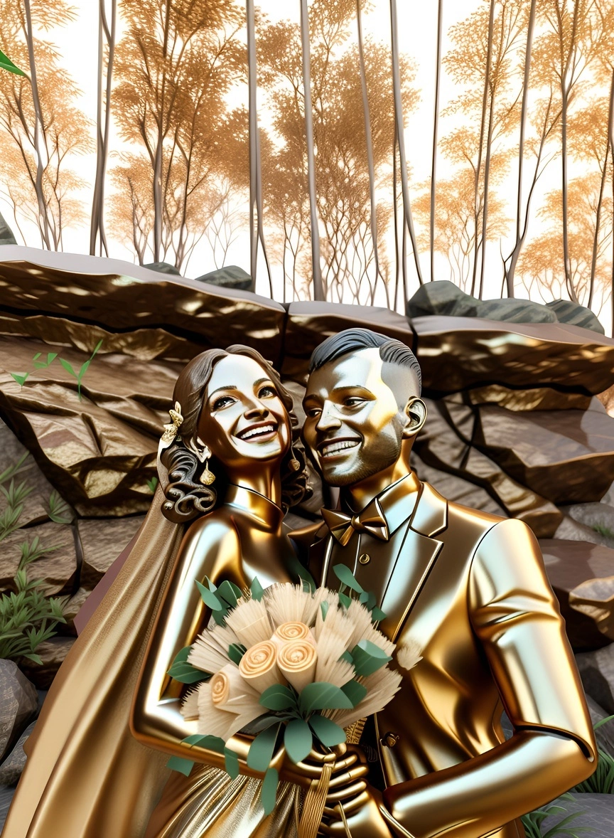 Bronze sculpture of a couple in wedding dress, created from a reference photo by generative AI