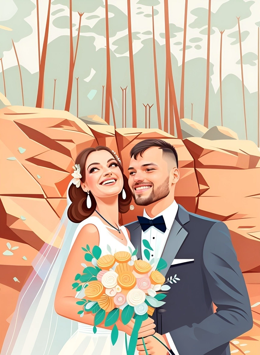 Vector art of a couple in wedding dress, created from a reference photo by generative AI