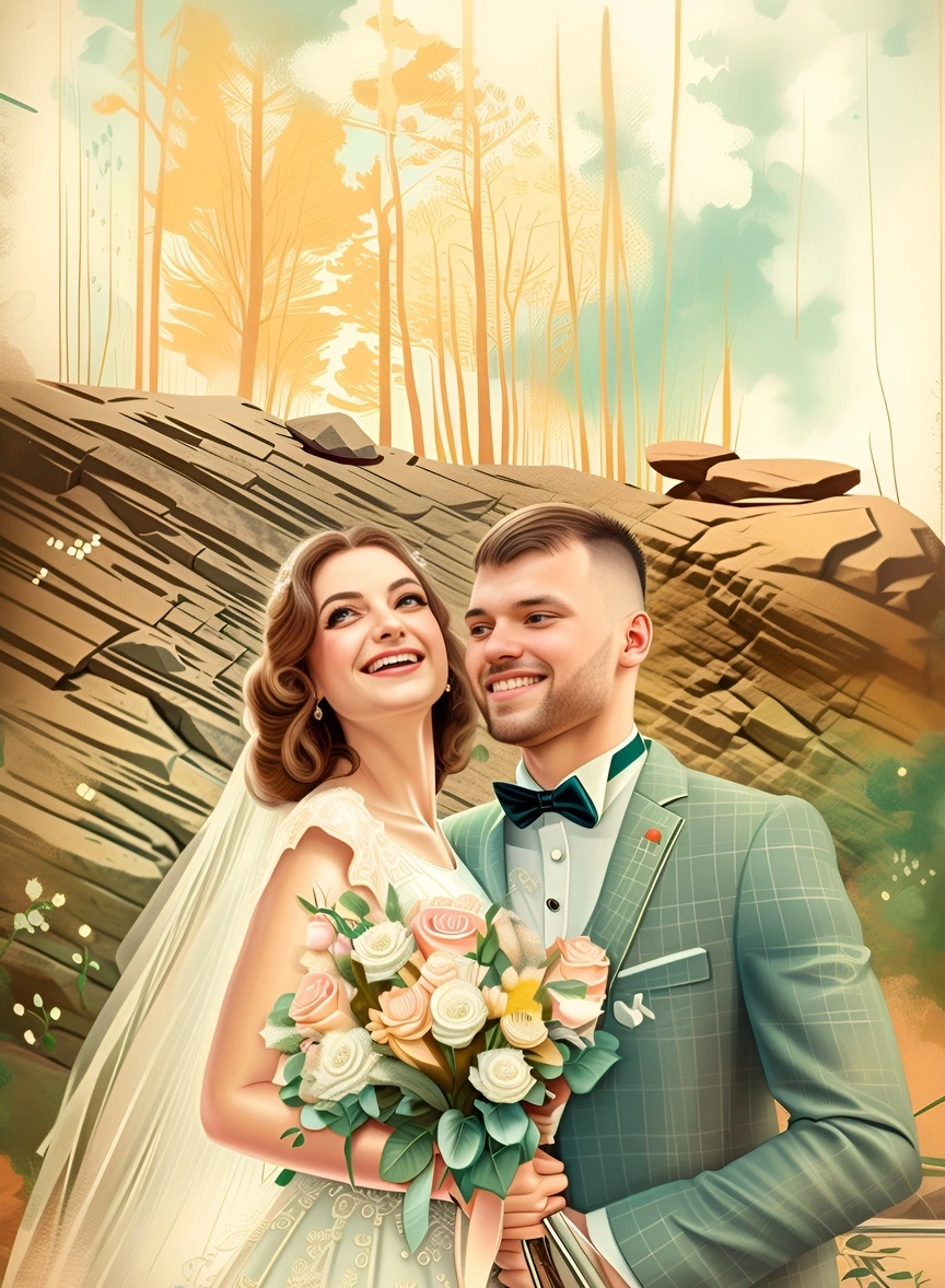 Vintage painting of a couple in wedding dress, created from a reference photo by generative AI