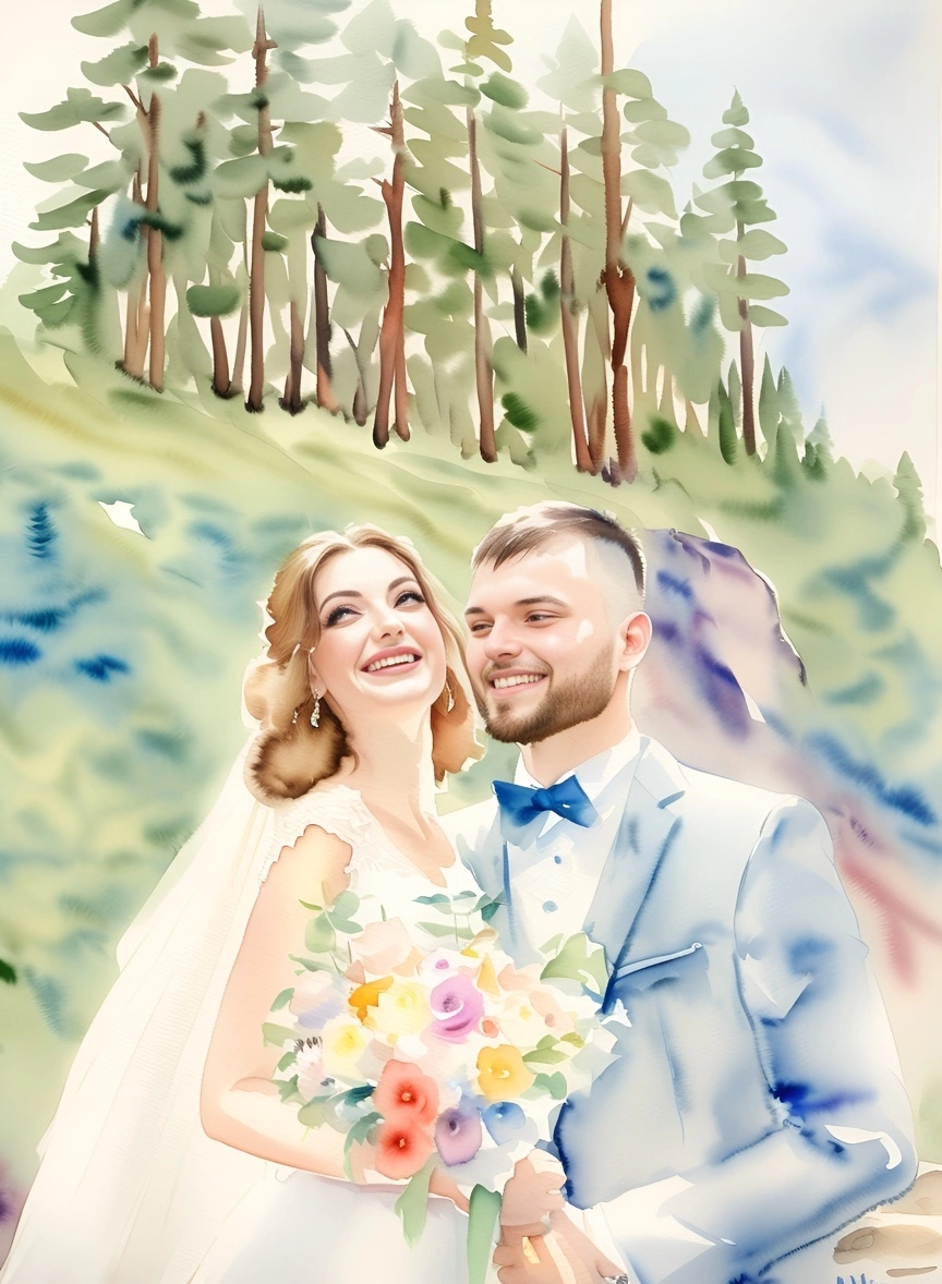 Watercolor painting of a couple in wedding dress, created from a reference photo by generative AI